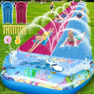 VEEST 33 FT Extra Long Water Slides for Kids Adults, Giant Double Lawn Water Slip Heavy Duty with 2 Bodyboards, Summer Water Slides Toys with Crash Pad for Backyard Outdoor