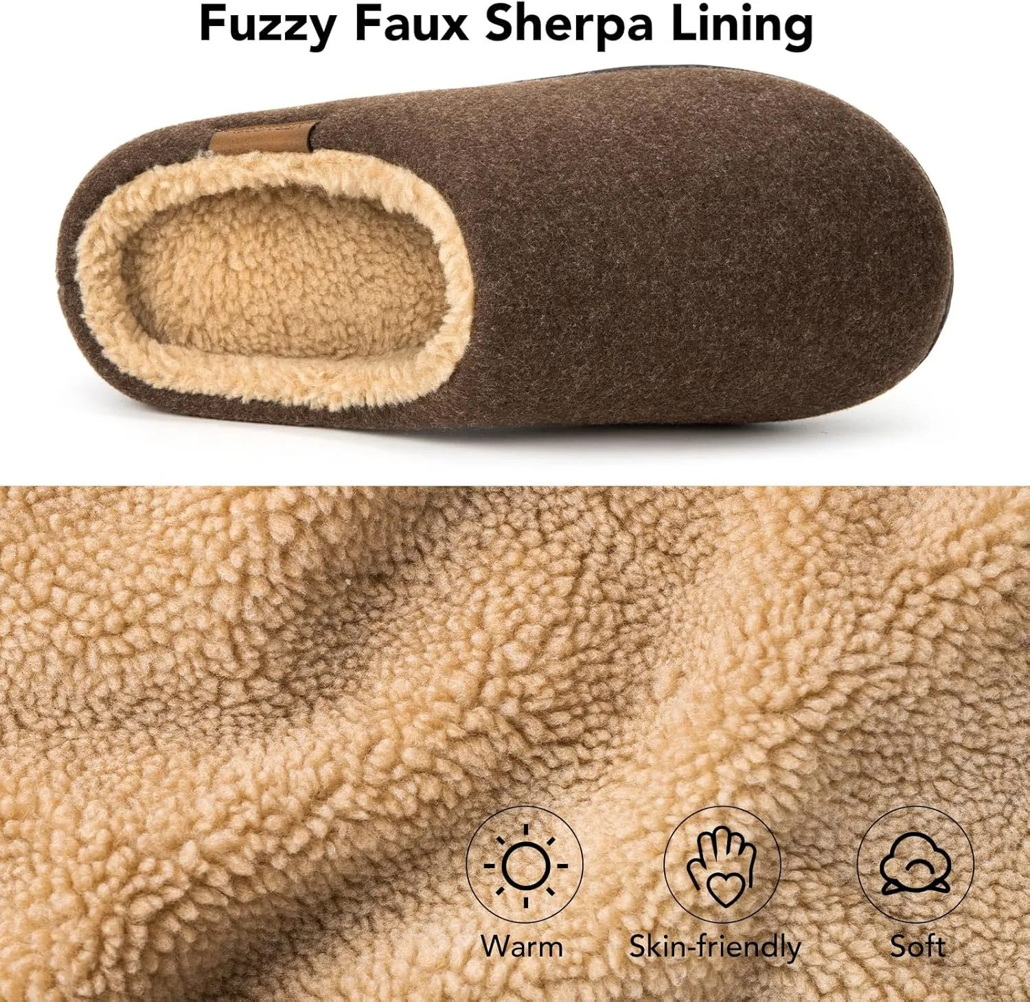 VeraCosy Men's Wool Felt Slippers Warm Fuzzy Faux Sherpa Slip-on Memory Foam Indoor House Slippers