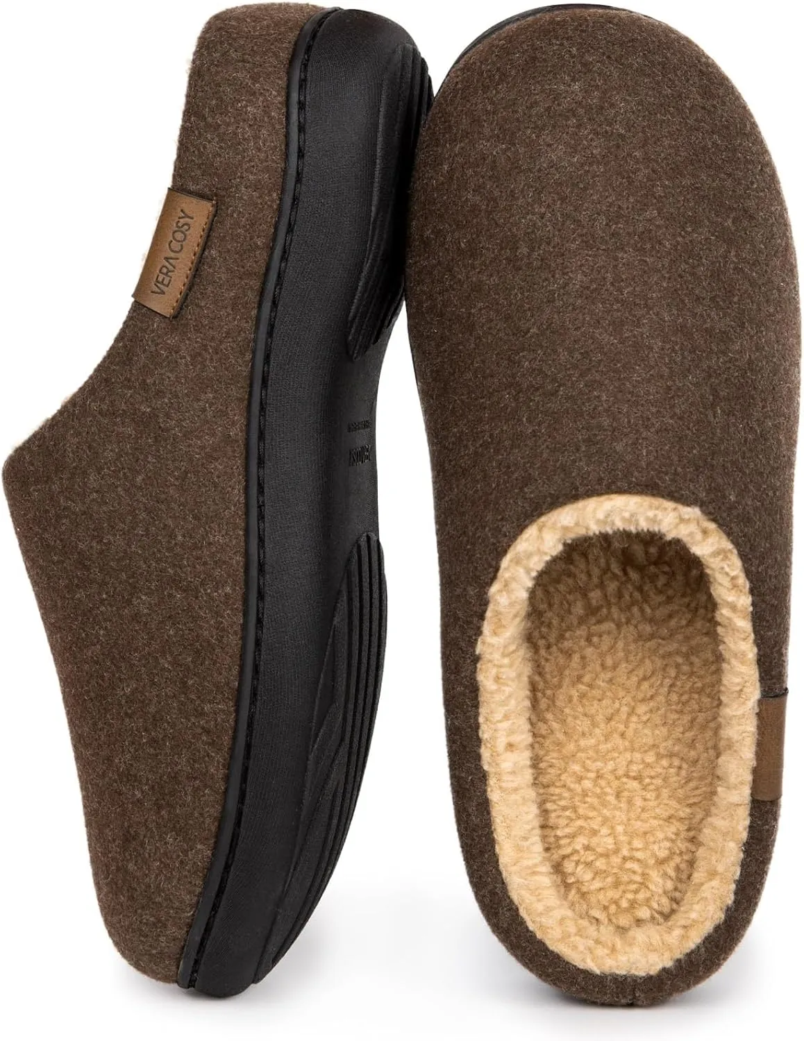 VeraCosy Men's Wool Felt Slippers Warm Fuzzy Faux Sherpa Slip-on Memory Foam Indoor House Slippers