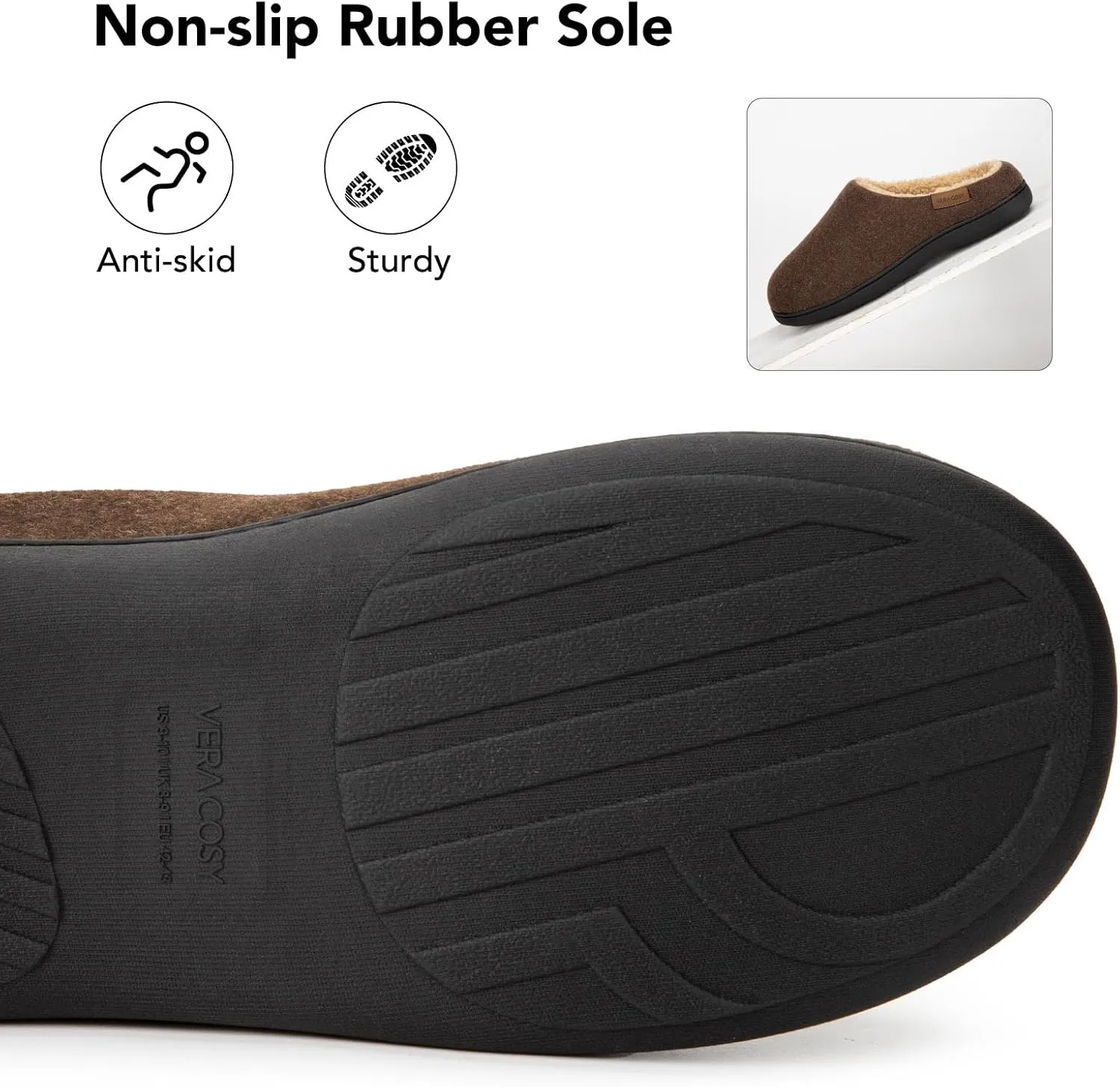 VeraCosy Men's Wool Felt Slippers Warm Fuzzy Faux Sherpa Slip-on Memory Foam Indoor House Slippers