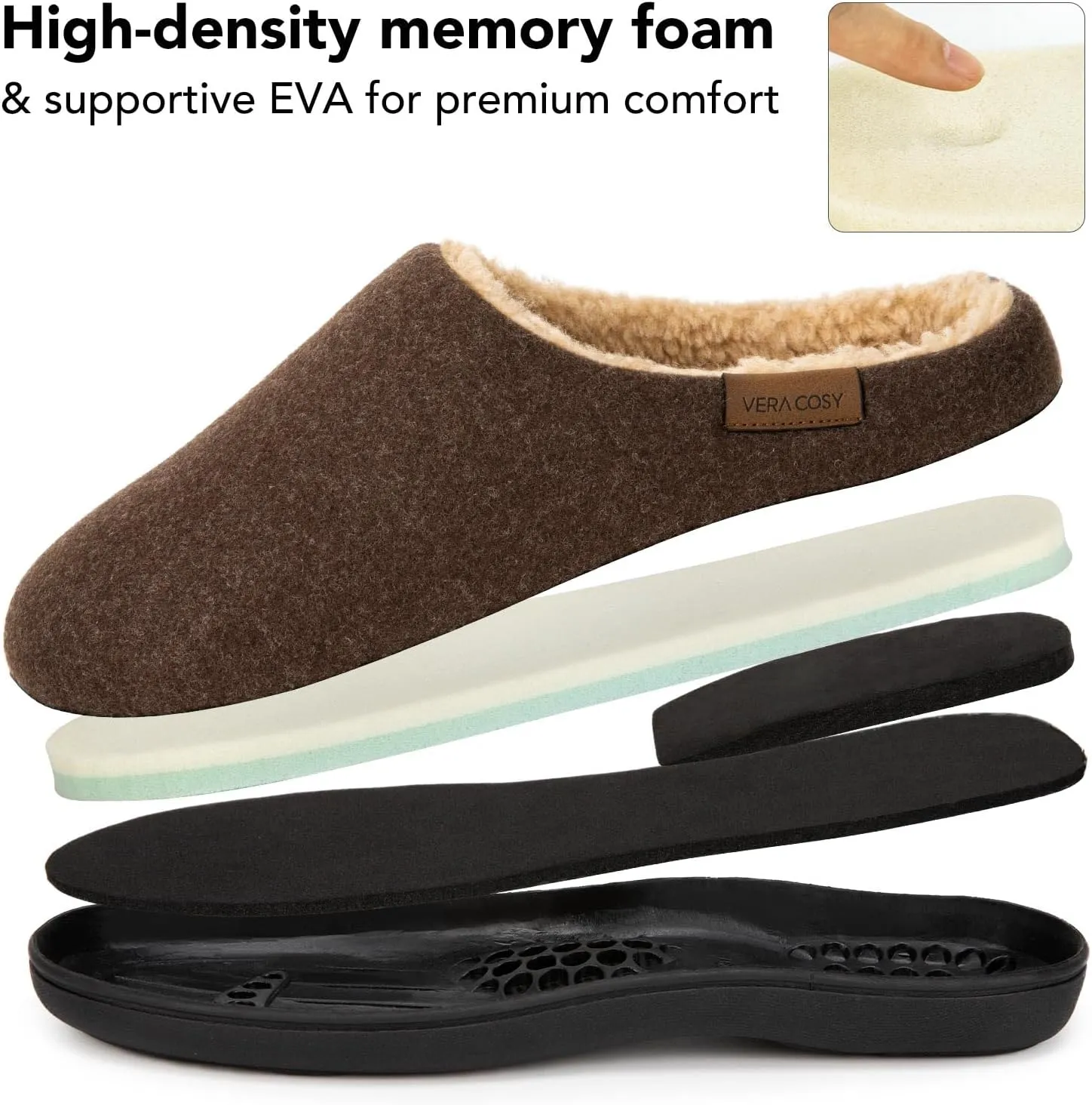 VeraCosy Men's Wool Felt Slippers Warm Fuzzy Faux Sherpa Slip-on Memory Foam Indoor House Slippers