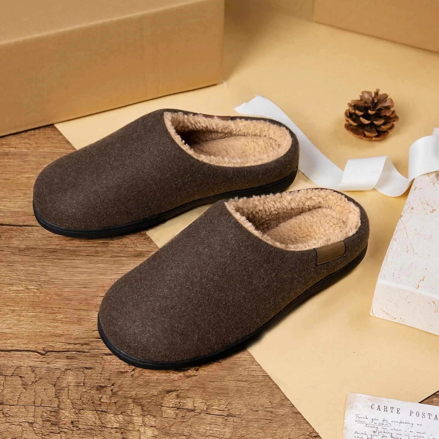 VeraCosy Men's Wool Felt Slippers Warm Fuzzy Faux Sherpa Slip-on Memory Foam Indoor House Slippers