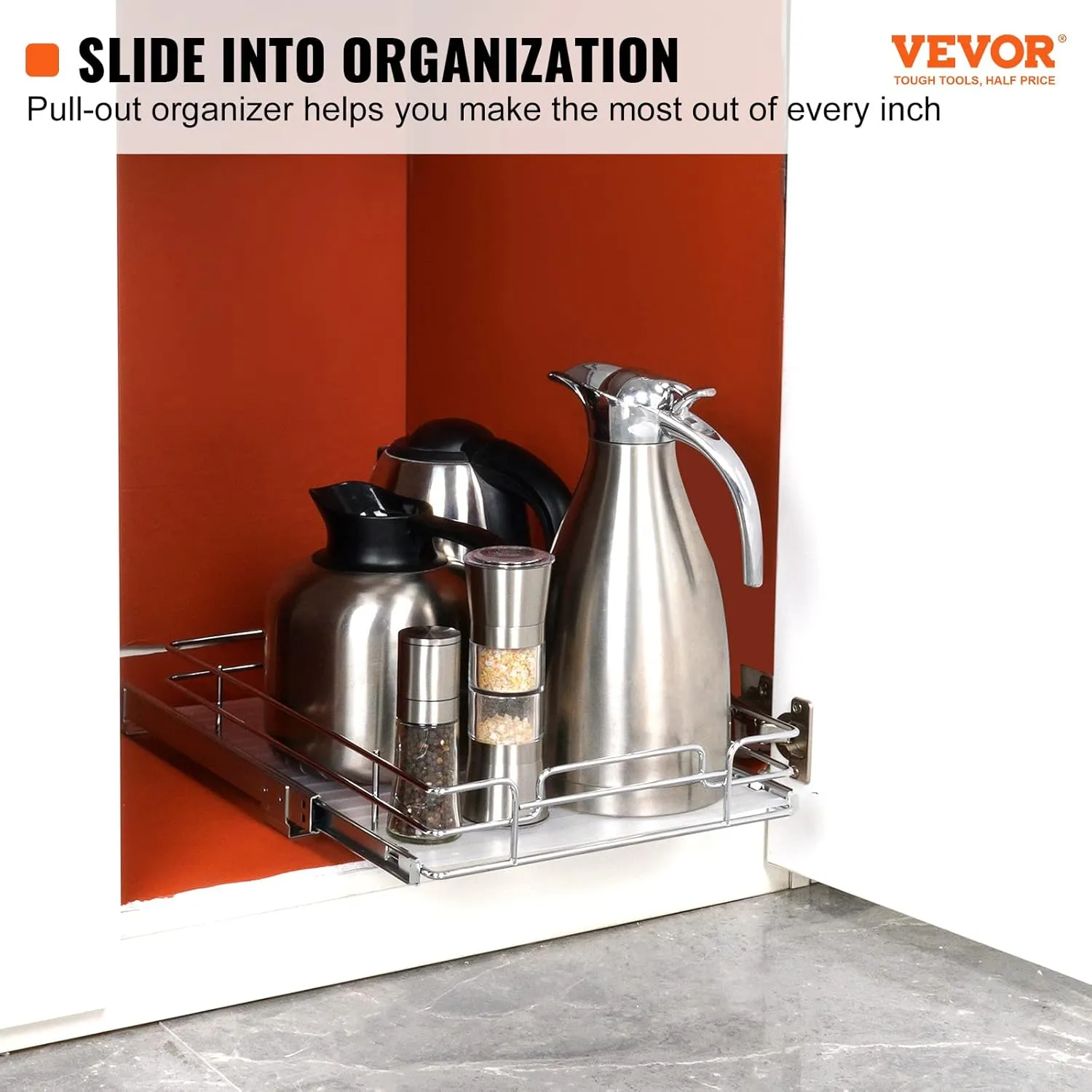 VEVOR 12.5"Wx21"Dx3.5"H Pull Out Cabinet Organizer, Heavy Duty Slide Out Pantry Shelves, Chrome-Plated Steel Roll Out Drawer, Drawer Storage for Home Under Sink, 14"Wx22"Dx7"H Install Size for Cabinet