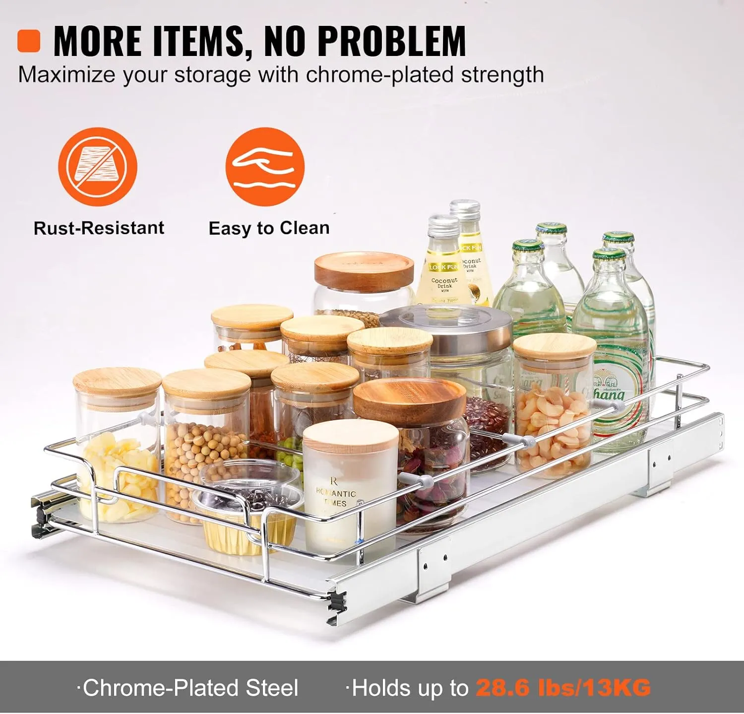 VEVOR 12.5"Wx21"Dx3.5"H Pull Out Cabinet Organizer, Heavy Duty Slide Out Pantry Shelves, Chrome-Plated Steel Roll Out Drawer, Drawer Storage for Home Under Sink, 14"Wx22"Dx7"H Install Size for Cabinet