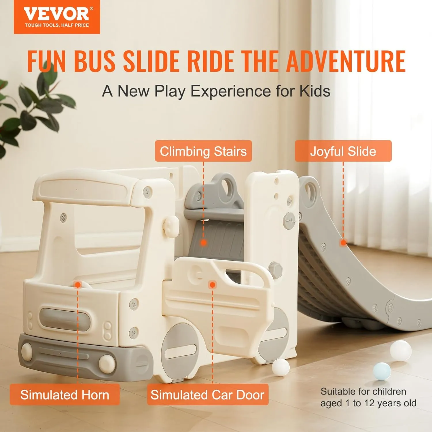 VEVOR Toddler Slide, Kid Slide for Toddlers with Climbable Ladders & Bus Playhouse, Indoor Outdoor Slide Playset for Kids Within 110lbs, Toddler Playground w/Raised Handrail, Anti-Slip Strip
