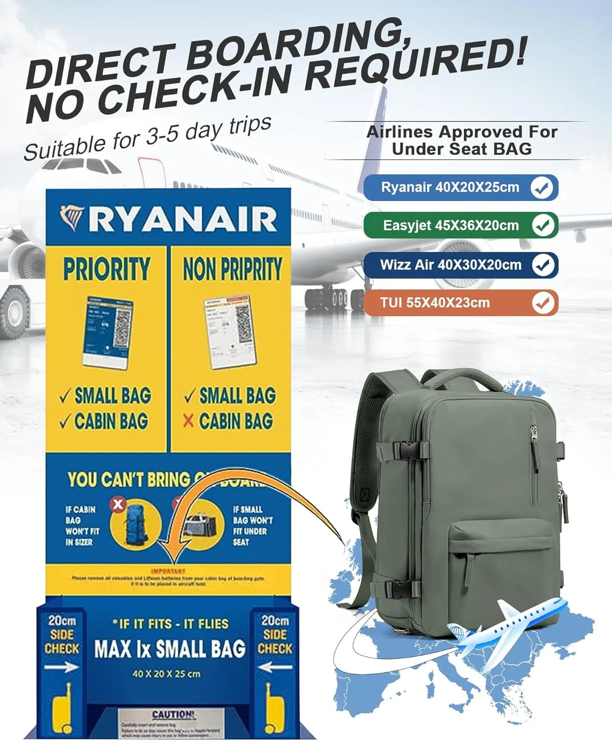 VGCUB Travel Backpack for Women Men for Spirit Airlines Personal Item Bag 18x14x8 Inches Laptop College Backpack,Waterproof Carry on Flight Approved Work Backpack Mochila de Viaje,Army green