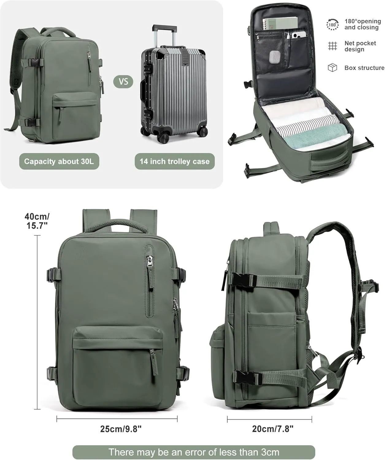 VGCUB Travel Backpack for Women Men for Spirit Airlines Personal Item Bag 18x14x8 Inches Laptop College Backpack,Waterproof Carry on Flight Approved Work Backpack Mochila de Viaje,Army green