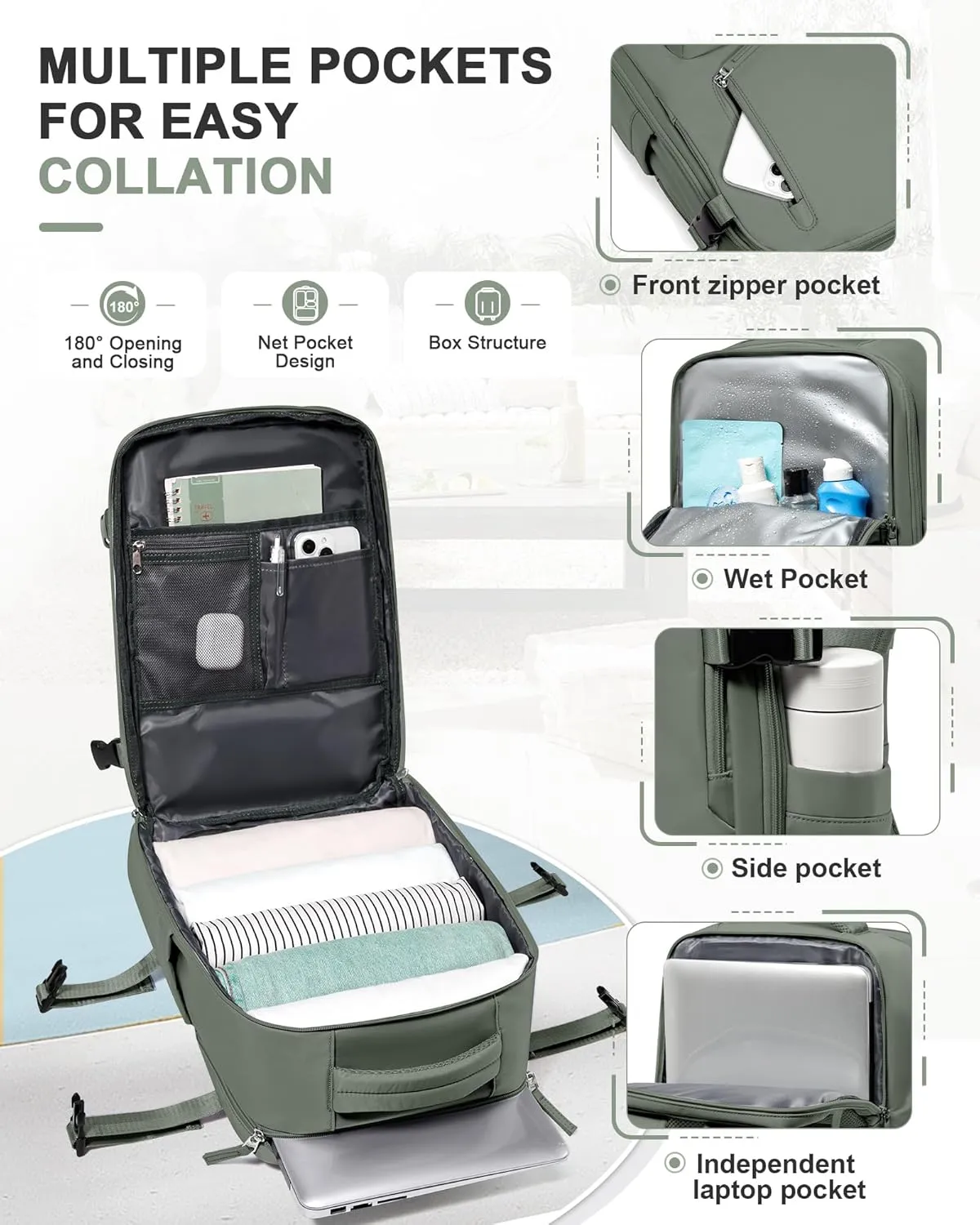 VGCUB Travel Backpack for Women Men for Spirit Airlines Personal Item Bag 18x14x8 Inches Laptop College Backpack,Waterproof Carry on Flight Approved Work Backpack Mochila de Viaje,Army green