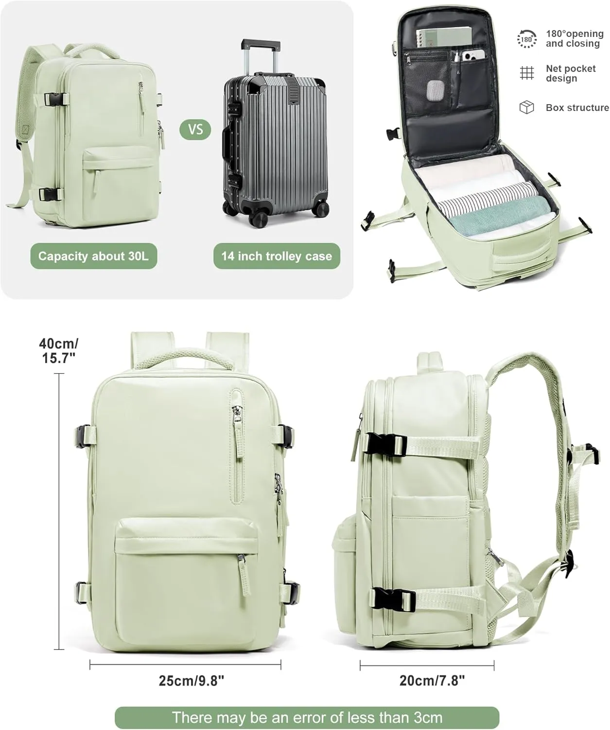 VGCUB Travel Backpack for Women Men for Spirit Airlines Personal Item Bag 18x14x8 Inches Laptop College Backpack,Waterproof Carry on Flight Approved Work Backpack Mochila de Viaje,Mint green