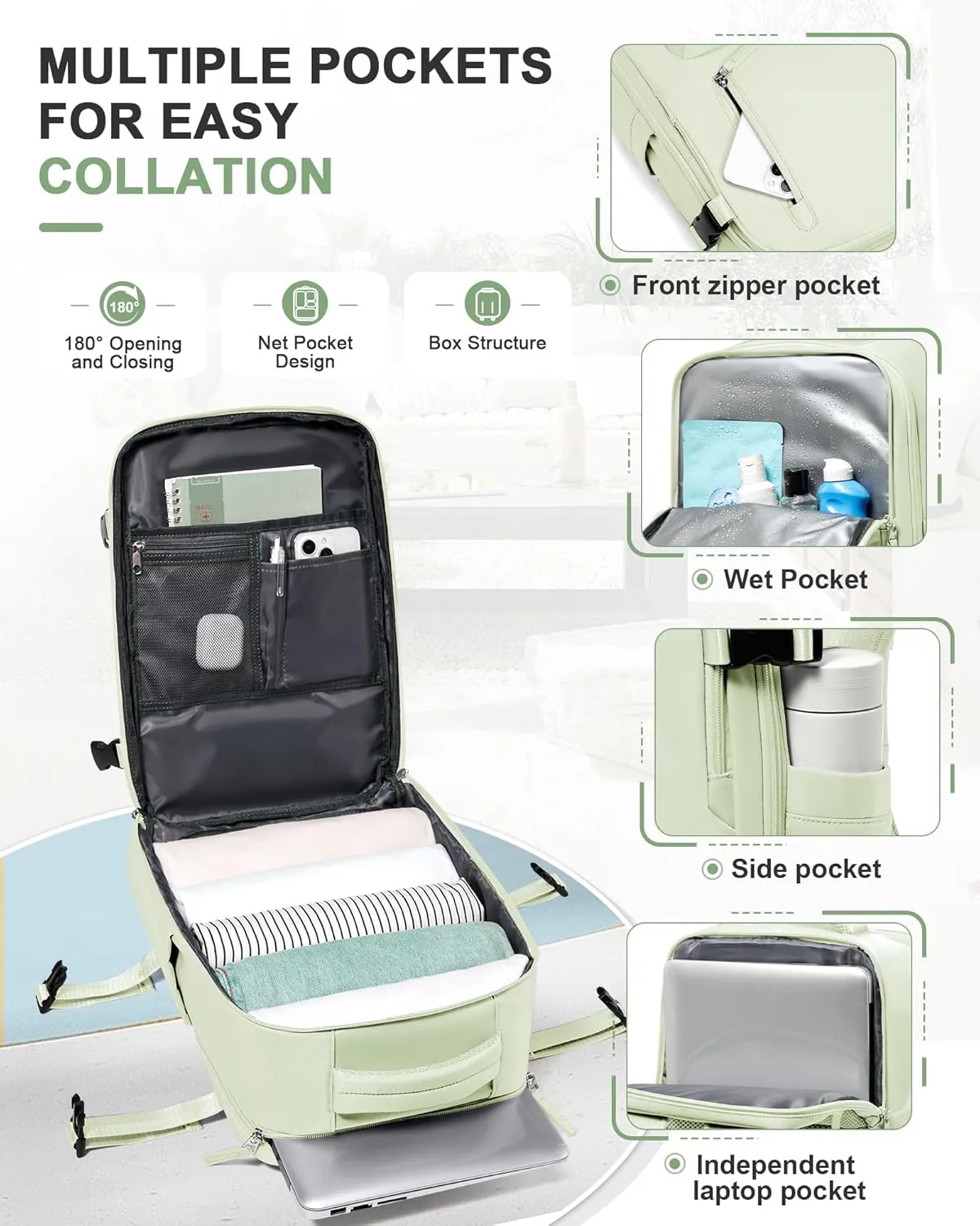 VGCUB Travel Backpack for Women Men for Spirit Airlines Personal Item Bag 18x14x8 Inches Laptop College Backpack,Waterproof Carry on Flight Approved Work Backpack Mochila de Viaje,Mint green
