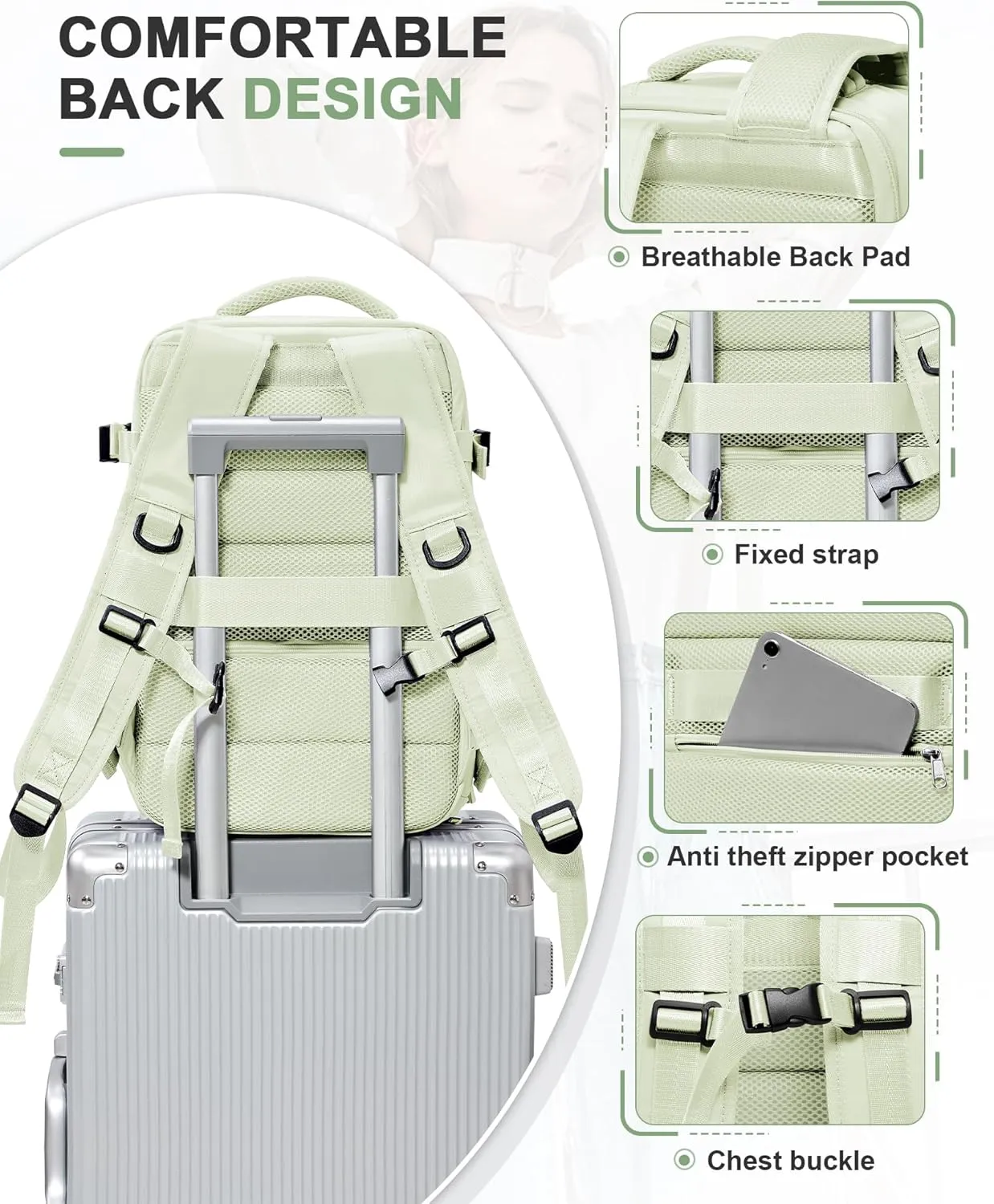 VGCUB Travel Backpack for Women Men for Spirit Airlines Personal Item Bag 18x14x8 Inches Laptop College Backpack,Waterproof Carry on Flight Approved Work Backpack Mochila de Viaje,Mint green