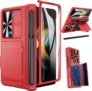 Viaotaily for Galaxy Z Fold 4 Wallet Case with S Pen Holder & Screen Protector, Built-in Card Holder & Hinge Protection Durable Sturdy Kickstand Protective Phone Case for Samsung Z Fold 4 2022, Red