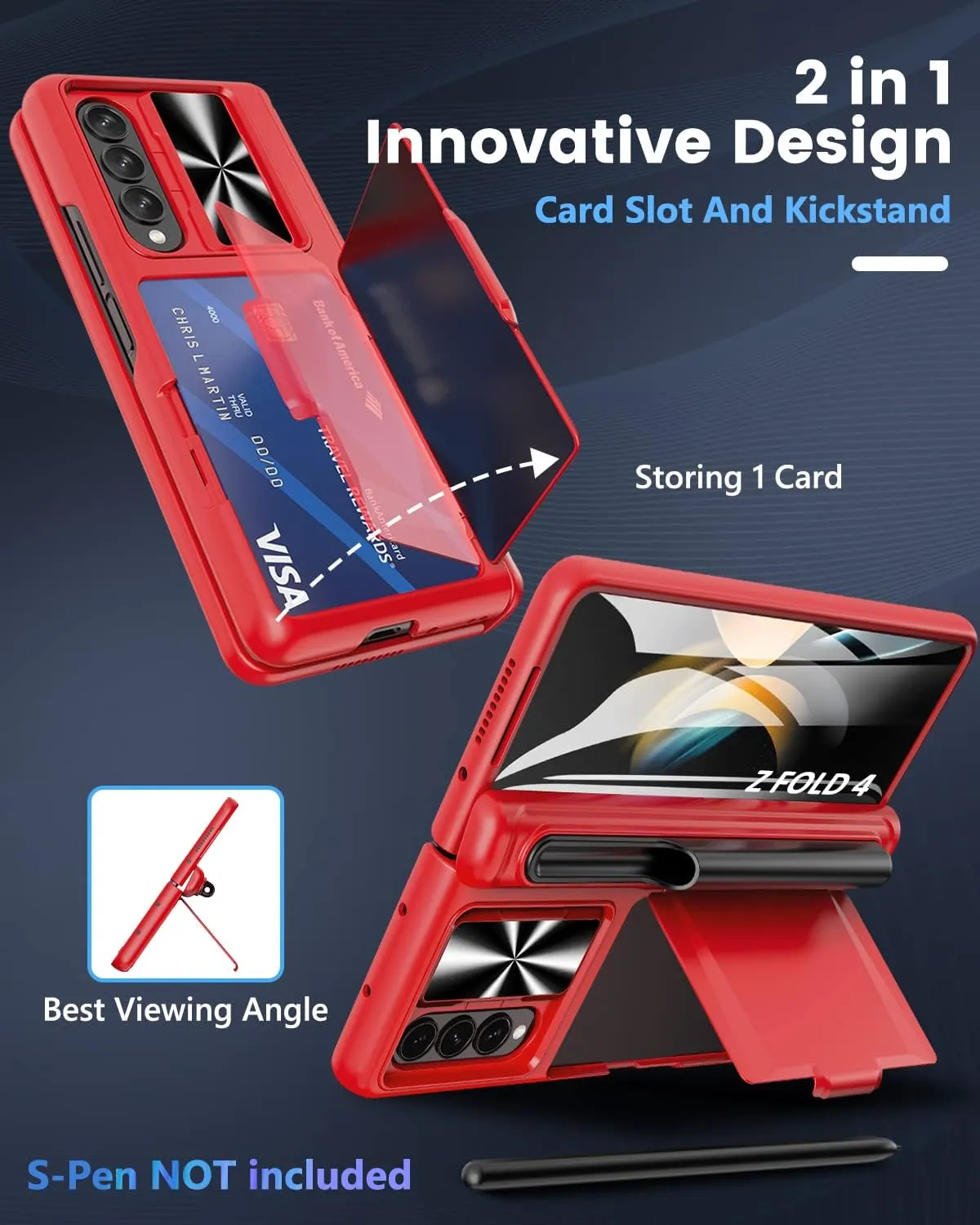 Viaotaily for Galaxy Z Fold 4 Wallet Case with S Pen Holder & Screen Protector, Built-in Card Holder & Hinge Protection Durable Sturdy Kickstand Protective Phone Case for Samsung Z Fold 4 2022, Red