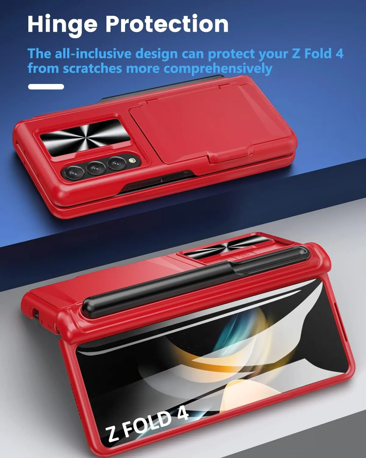Viaotaily for Galaxy Z Fold 4 Wallet Case with S Pen Holder & Screen Protector, Built-in Card Holder & Hinge Protection Durable Sturdy Kickstand Protective Phone Case for Samsung Z Fold 4 2022, Red