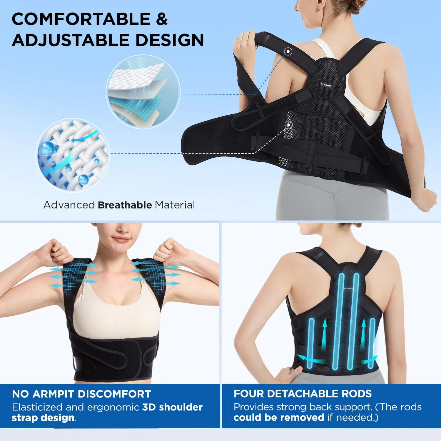 Vicorrect Posture Corrector for Women Adjustable: Back Support Brace - Shoulders Straightener Relieve Upper Back Pain (Black, Medium)