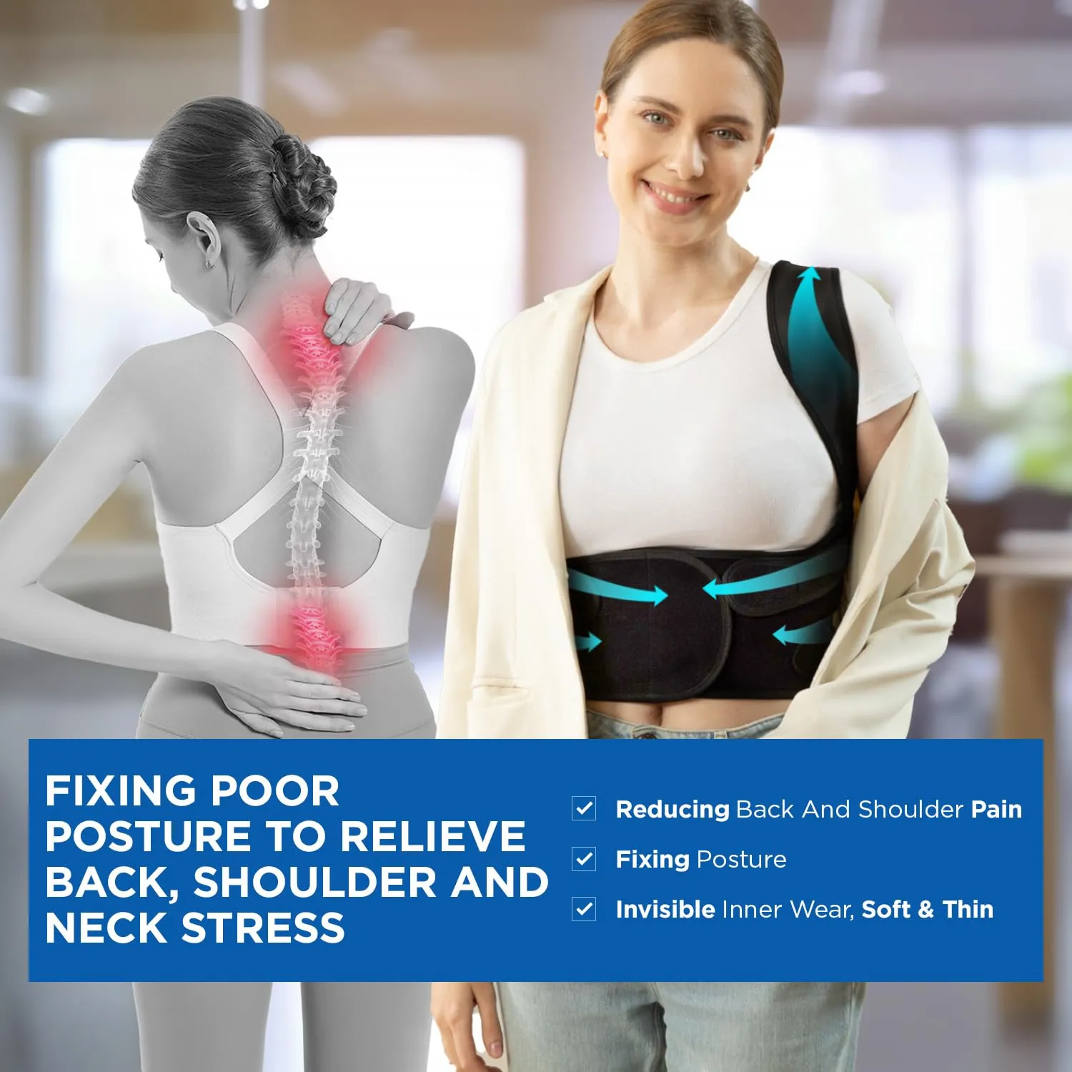 Vicorrect Posture Corrector for Women Adjustable: Back Support Brace - Shoulders Straightener Relieve Upper Back Pain (Black, Medium)