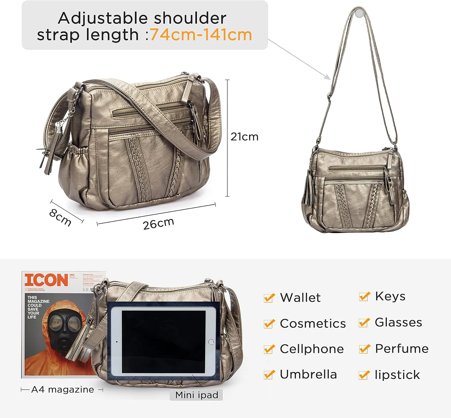 VOLGANIK ROCK Crossbody Bag for Women with Tassel Ladies Soft PU leather Purses and Handbag Pocketbooks