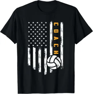 Volleyball Coach American Flag Design Funny Trainer Coaching T-Shirt