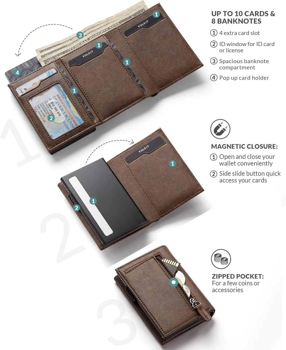 VULKIT Card Holder Wallet with Coin Pocket Magnetic Closure Pop Up Cards With ID Window Leather Wallet for Cash & Credit Cards