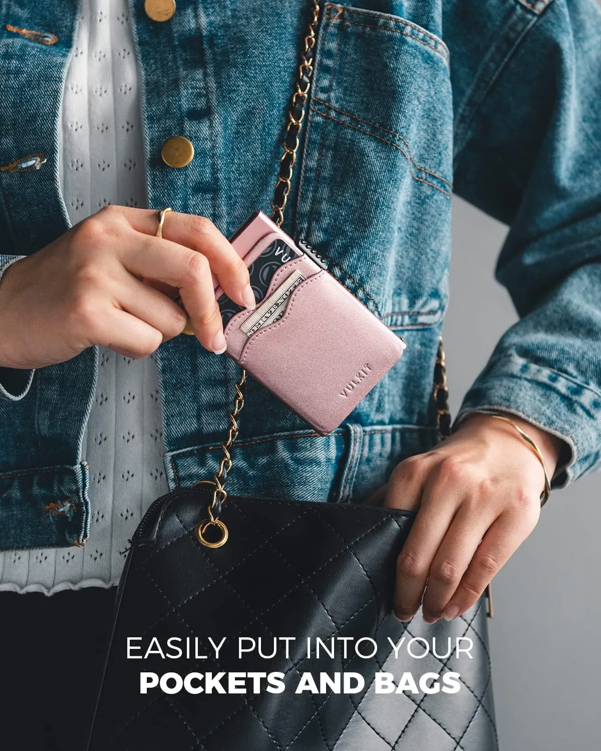 VULKIT Credit Card Holder Minimalist Slim Pop Up Wallet with Leather Slots RFID Blocking for Men and Women Holds 7 Cards and Notes Pearl Pink