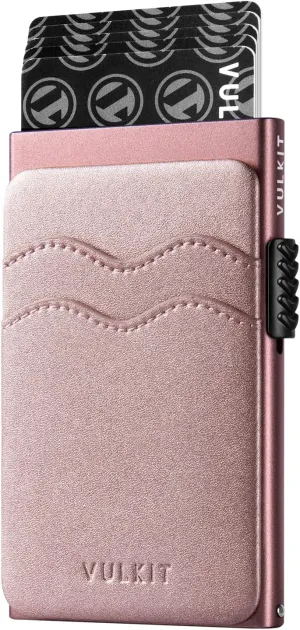 VULKIT Credit Card Holder Minimalist Slim Pop Up Wallet with Leather Slots RFID Blocking for Men and Women Holds 7 Cards and Notes Pearl Pink