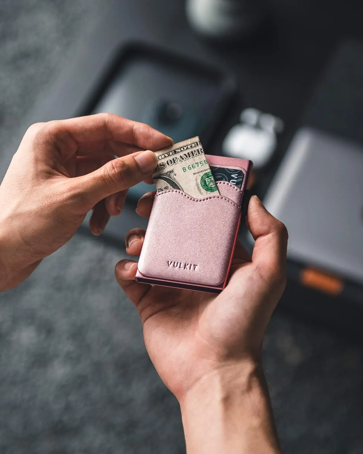 VULKIT Credit Card Holder Minimalist Slim Pop Up Wallet with Leather Slots RFID Blocking for Men and Women Holds 7 Cards and Notes Pearl Pink