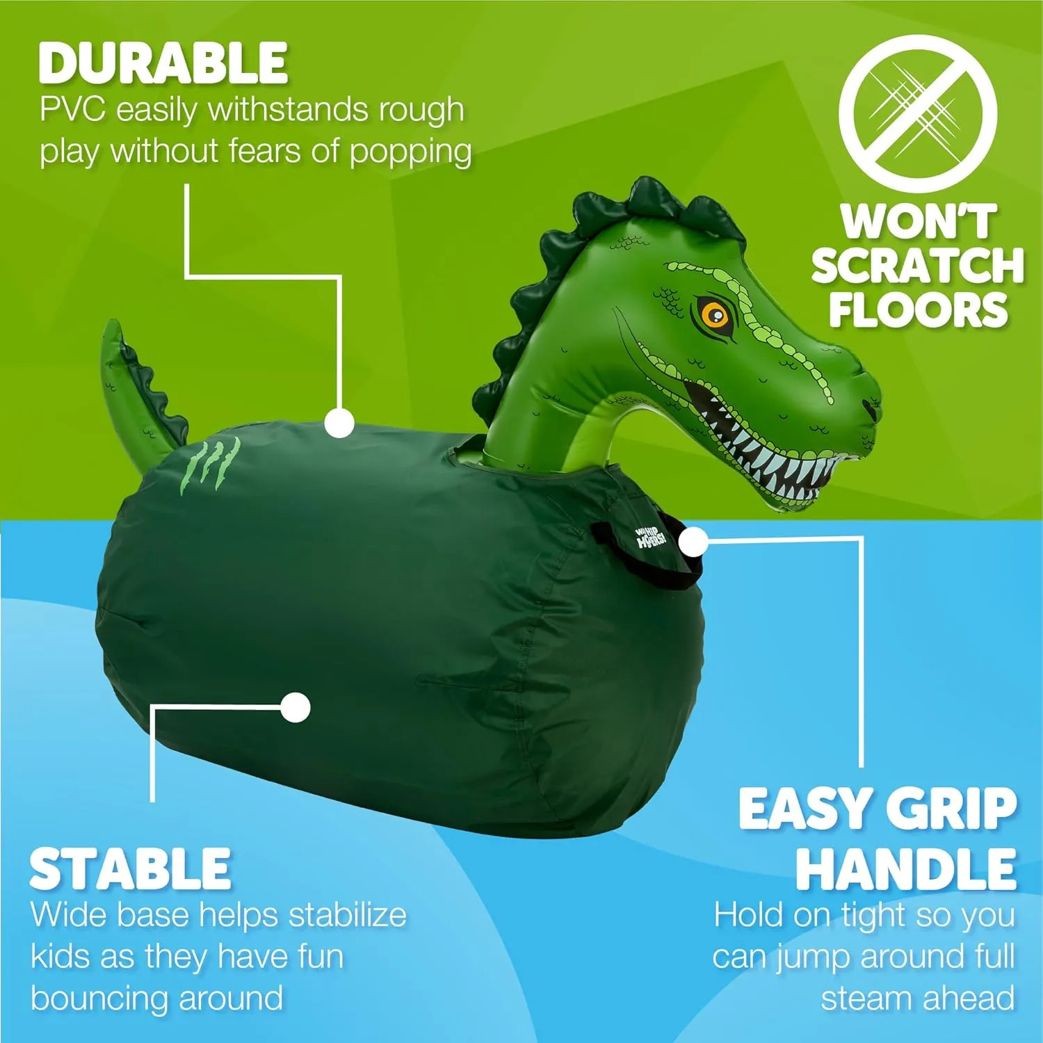 WADDLE Large Inflatable Bouncy Hopper - Ride On, Indoor, Outdoor Toys, Bouncy Horse for Girls and Boys, Durable, Easy Grip Handles, Dinosaur Toys, Kids, Up to 250lbs, Ages 5 and Up (Trex)