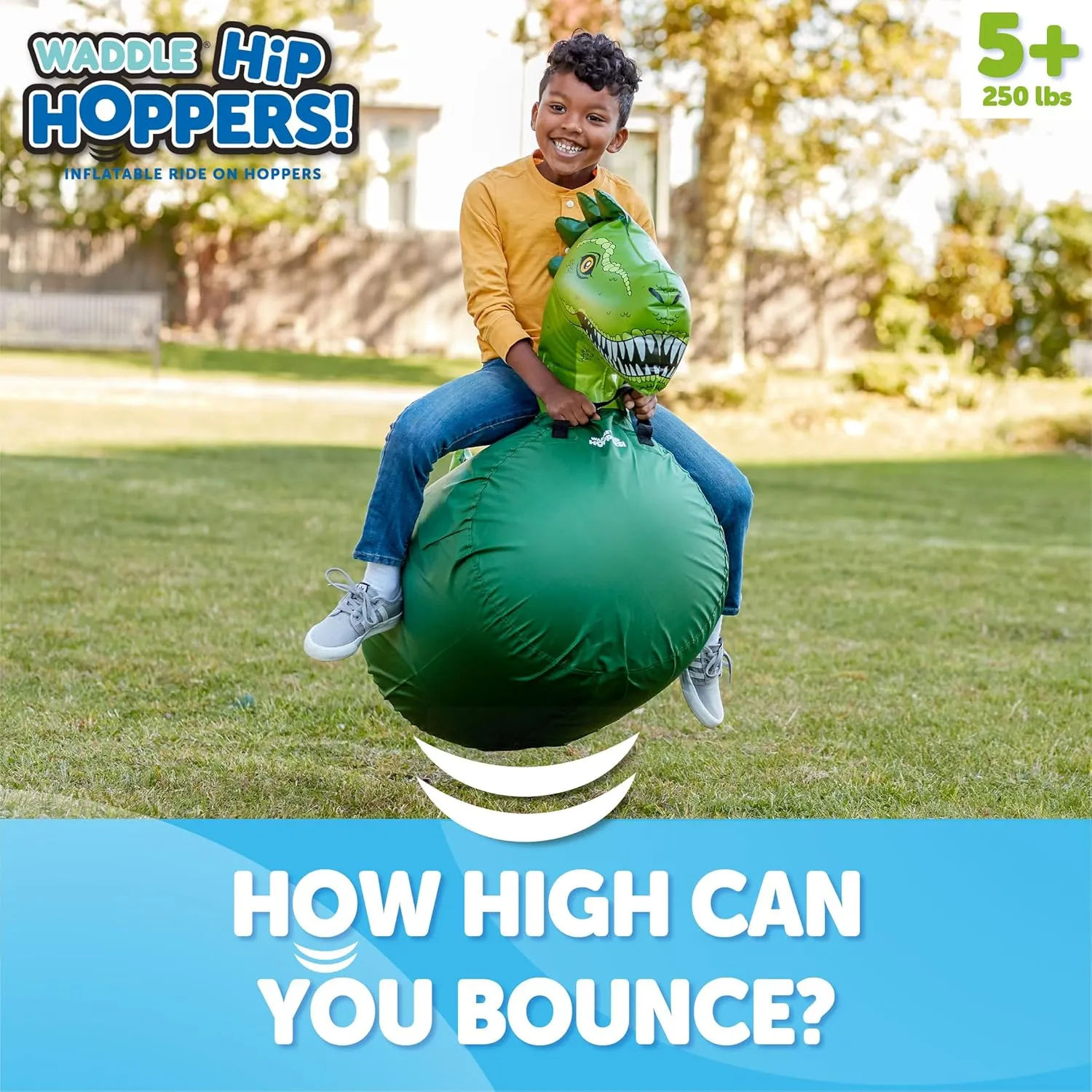 WADDLE Large Inflatable Bouncy Hopper - Ride On, Indoor, Outdoor Toys, Bouncy Horse for Girls and Boys, Durable, Easy Grip Handles, Dinosaur Toys, Kids, Up to 250lbs, Ages 5 and Up (Trex)