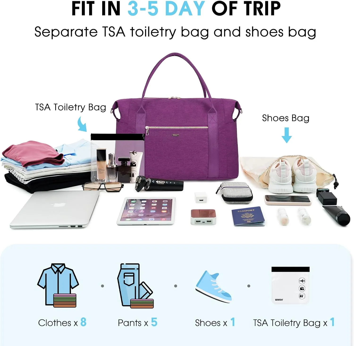 WANDF For Spirit Airlines Personal Item Bag 18x14x8 Travel Duffel Bag with TSA Approved Quart Size Bag & Shoe Bags Weekender Overnight Carry-on Luggage for Women (Deep Purple)