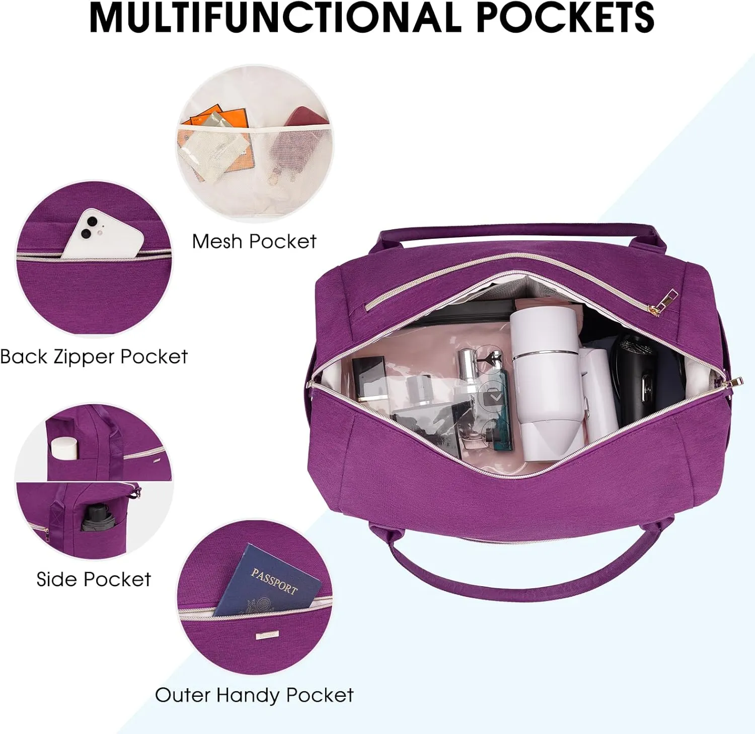 WANDF For Spirit Airlines Personal Item Bag 18x14x8 Travel Duffel Bag with TSA Approved Quart Size Bag & Shoe Bags Weekender Overnight Carry-on Luggage for Women (Deep Purple)
