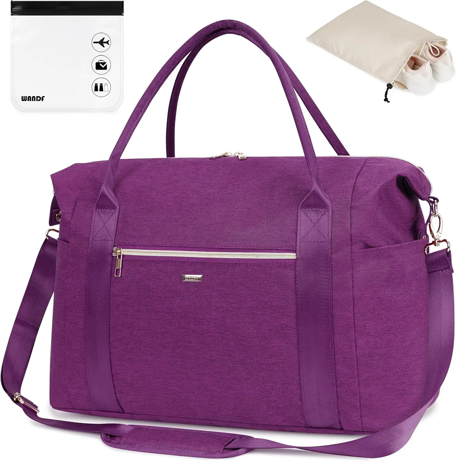 WANDF For Spirit Airlines Personal Item Bag 18x14x8 Travel Duffel Bag with TSA Approved Quart Size Bag & Shoe Bags Weekender Overnight Carry-on Luggage for Women (Deep Purple)