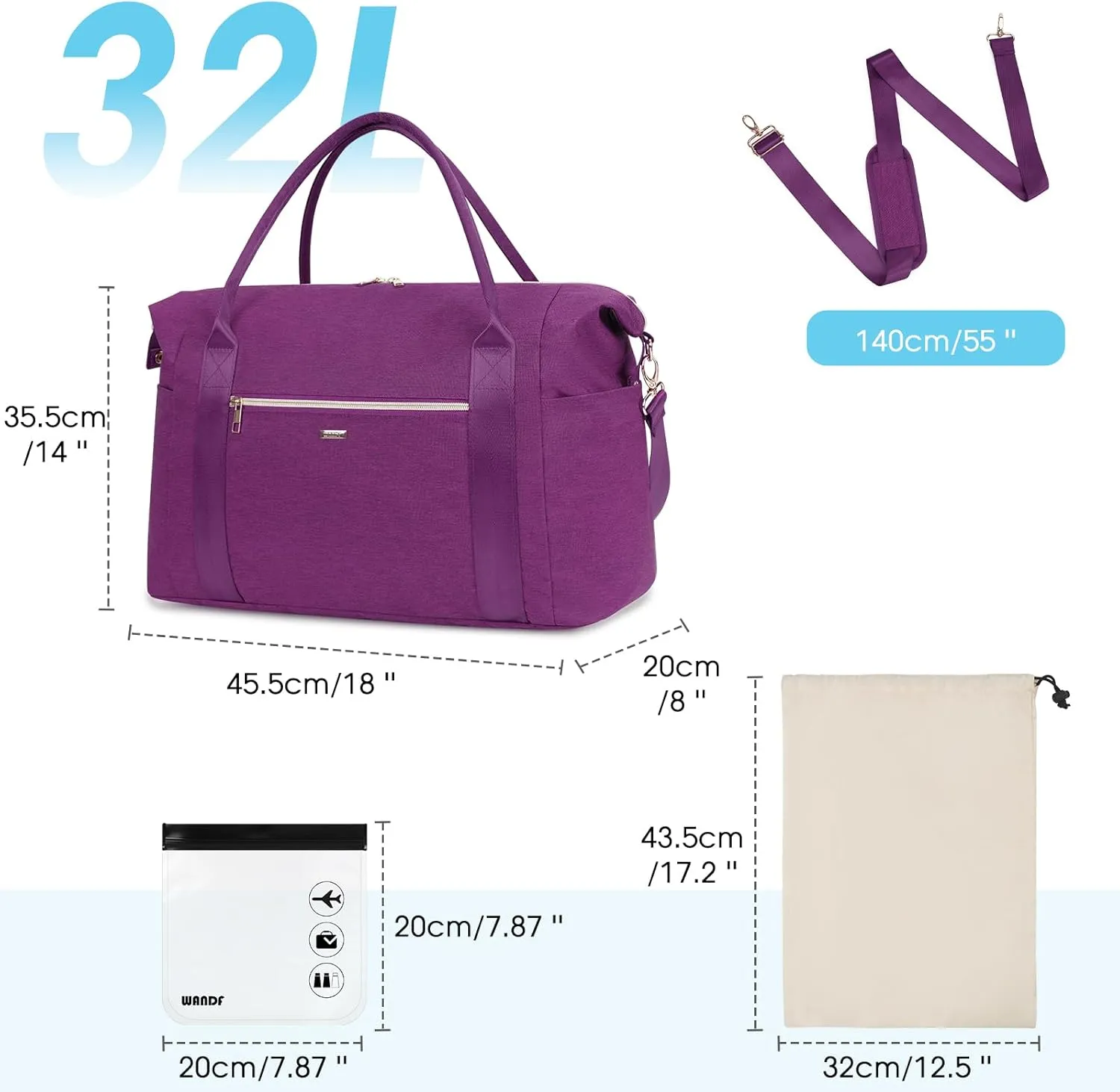 WANDF For Spirit Airlines Personal Item Bag 18x14x8 Travel Duffel Bag with TSA Approved Quart Size Bag & Shoe Bags Weekender Overnight Carry-on Luggage for Women (Deep Purple)