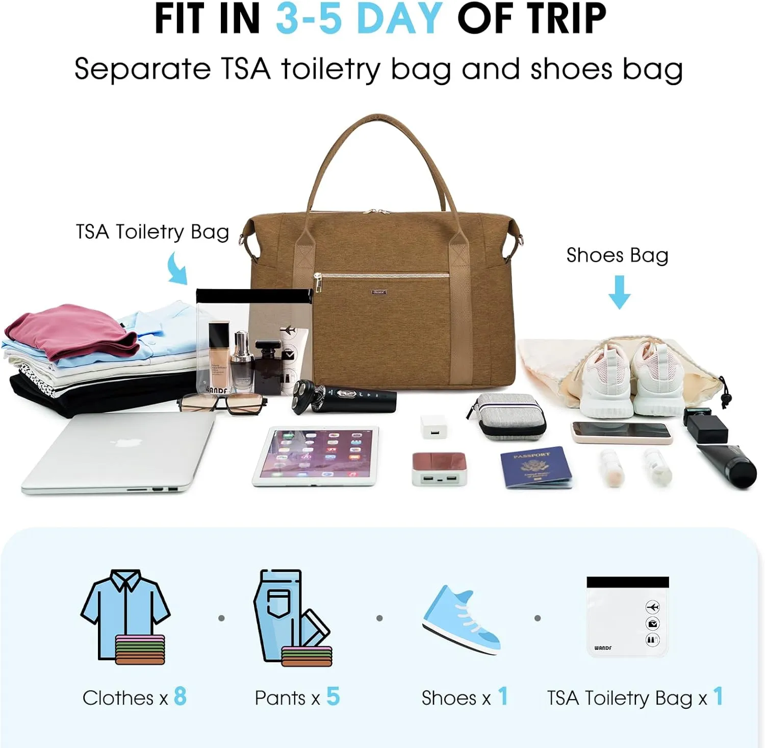 WANDF For Spirit Airlines Personal Item Bag 18x14x8 Travel Duffel Bag with TSA Approved Quart Size Bag & Shoe Bags Weekender Overnight Carry-on Luggage for Women (Earth Yellow)