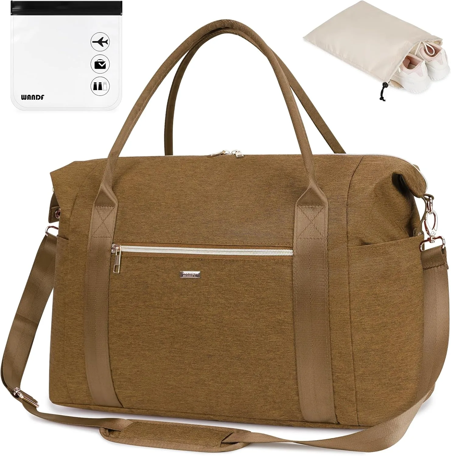 WANDF For Spirit Airlines Personal Item Bag 18x14x8 Travel Duffel Bag with TSA Approved Quart Size Bag & Shoe Bags Weekender Overnight Carry-on Luggage for Women (Earth Yellow)
