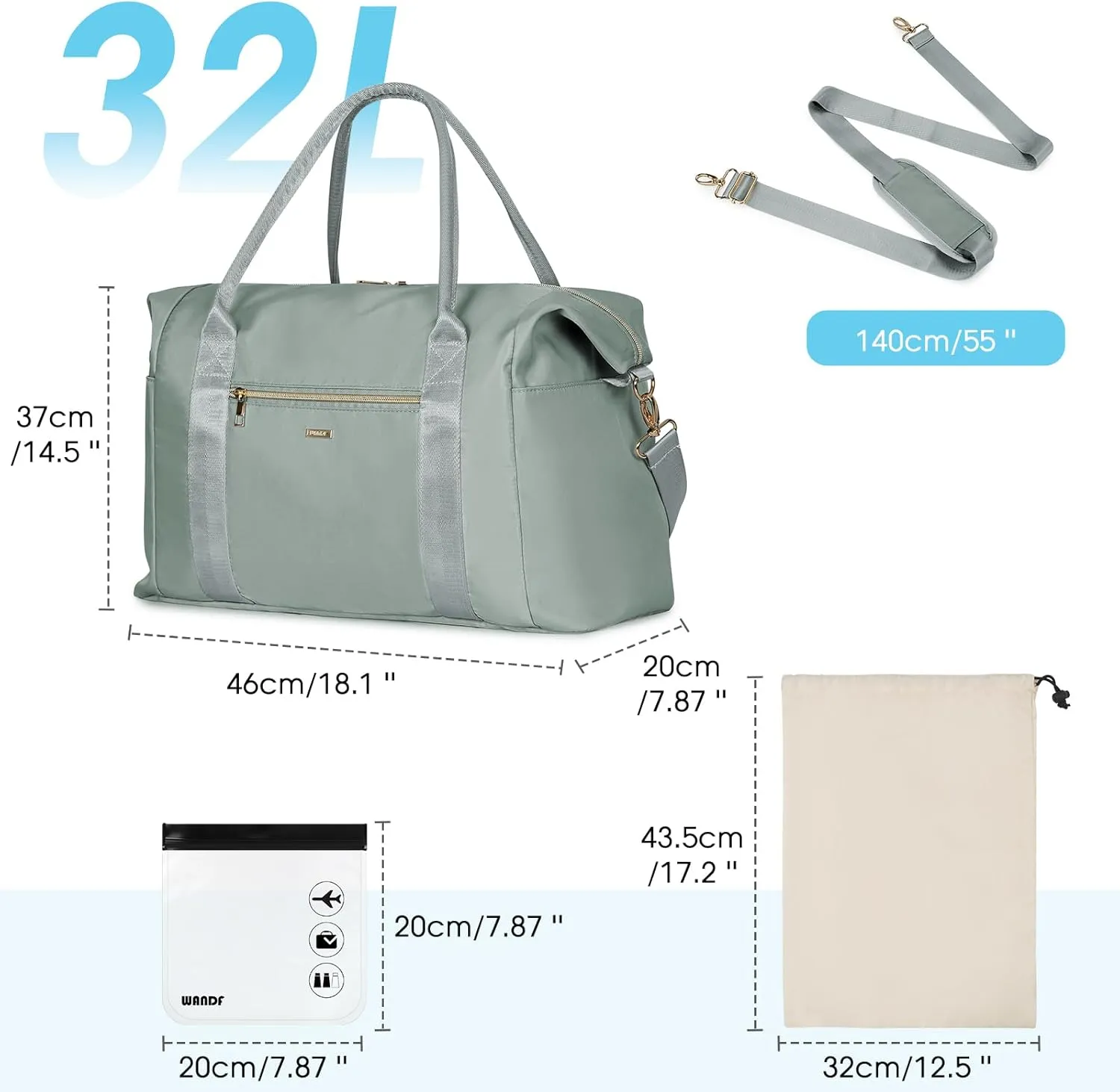 WANDF For Spirit Airlines Personal Item Bag 18x14x8 Travel Duffel bag with TSA Approved Quart Size Bag & Shoe Bags Weekender Overnight Carry-on Luggage for Women (Grey）