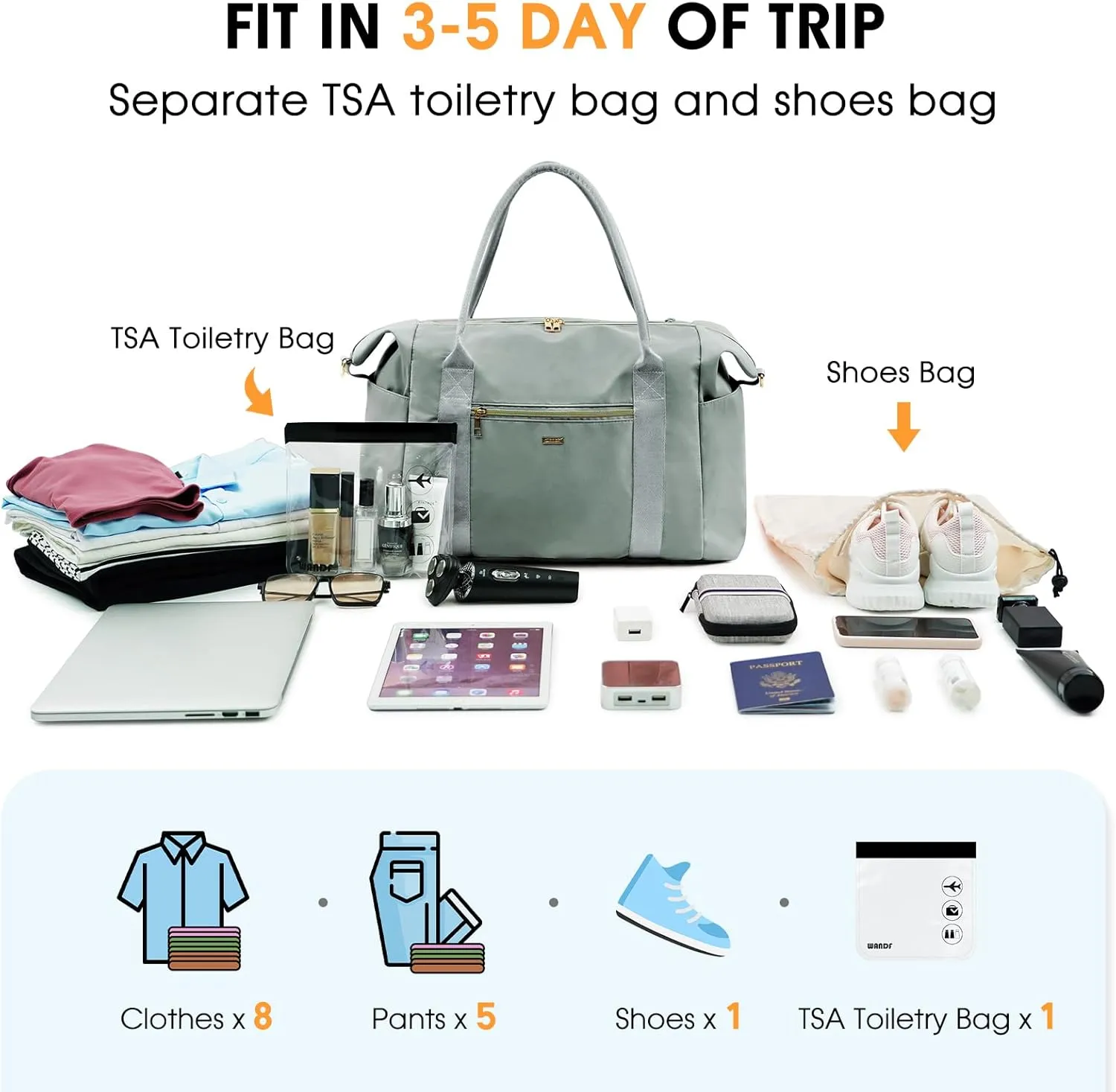 WANDF For Spirit Airlines Personal Item Bag 18x14x8 Travel Duffel bag with TSA Approved Quart Size Bag & Shoe Bags Weekender Overnight Carry-on Luggage for Women (Grey）