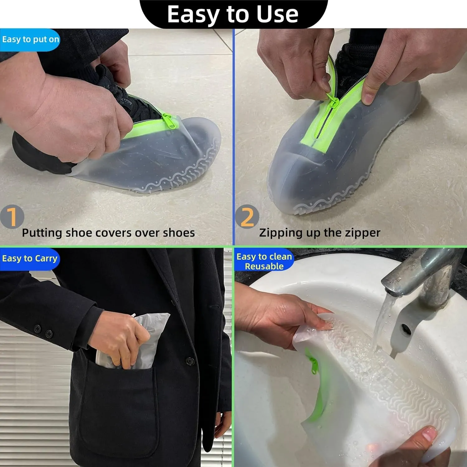 Waterproof Shoe Covers with Zipper,Reusable Silicone Rain Overshoes for Men & Women,Keep Shoes Dry in Rain,Snow,Mud (Zipper Clear, Large)