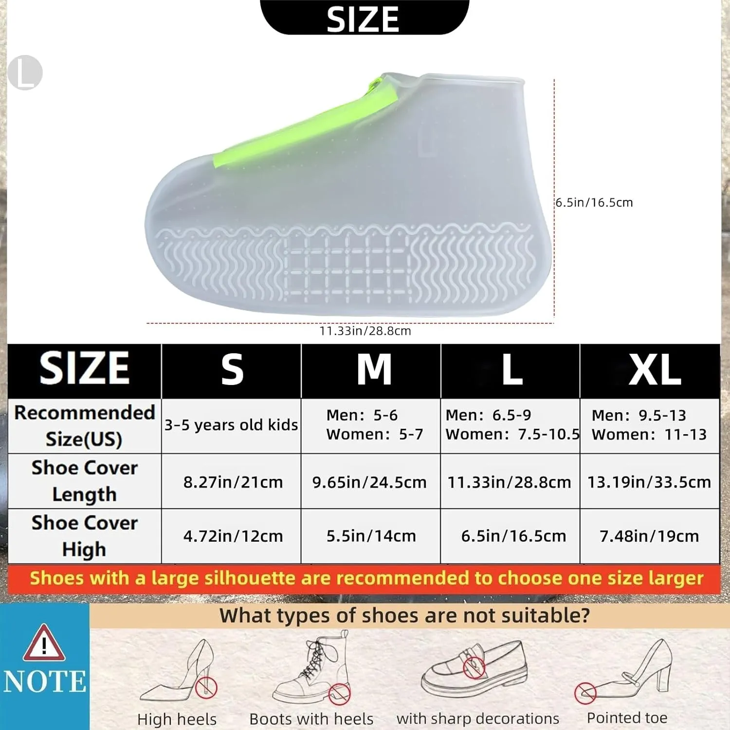 Waterproof Shoe Covers with Zipper,Reusable Silicone Rain Overshoes for Men & Women,Keep Shoes Dry in Rain,Snow,Mud (Zipper Clear, Large)