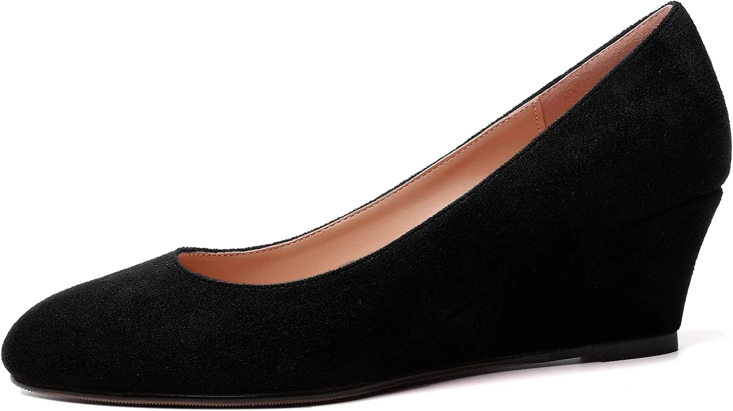 WAYDERNS Womens Solid Round Toe Dating Suede Casual Slip On Wedge Low Heel Pumps Shoes 2 Inch