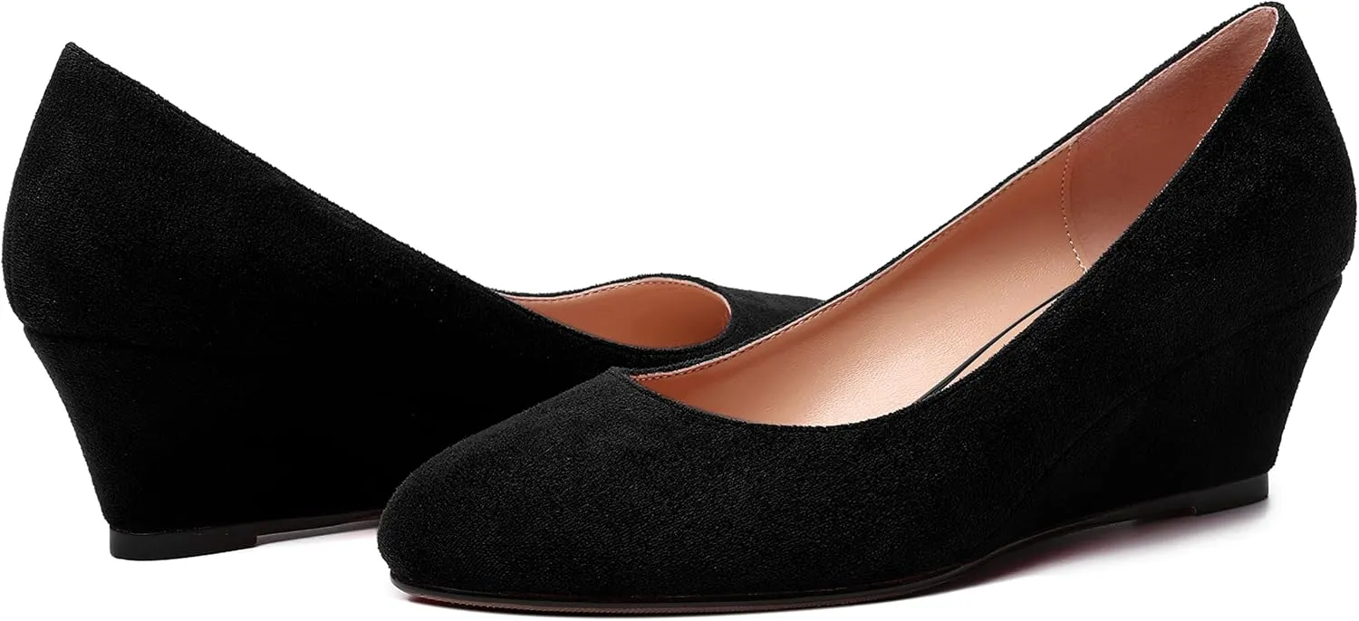 WAYDERNS Womens Solid Round Toe Dating Suede Casual Slip On Wedge Low Heel Pumps Shoes 2 Inch