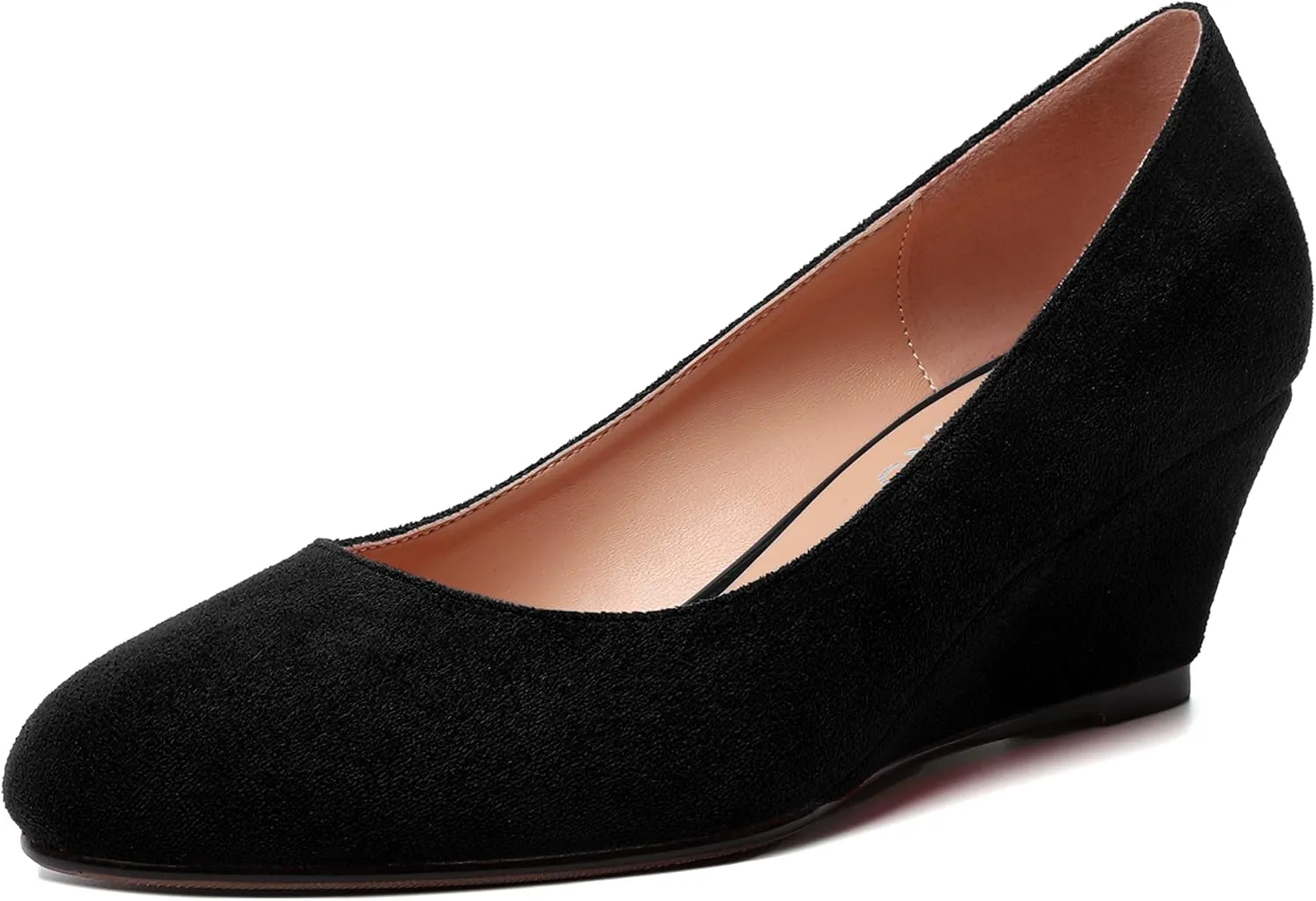 WAYDERNS Womens Solid Round Toe Dating Suede Casual Slip On Wedge Low Heel Pumps Shoes 2 Inch
