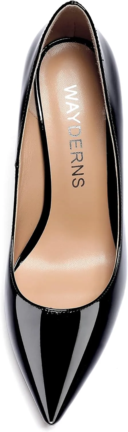 WAYDERNS Women's Solid Slip On Pointed Toe Patent Block High Heel Pumps Shoes 3.5 Inch