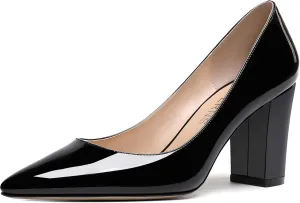 WAYDERNS Women's Solid Slip On Pointed Toe Patent Block High Heel Pumps Shoes 3.5 Inch