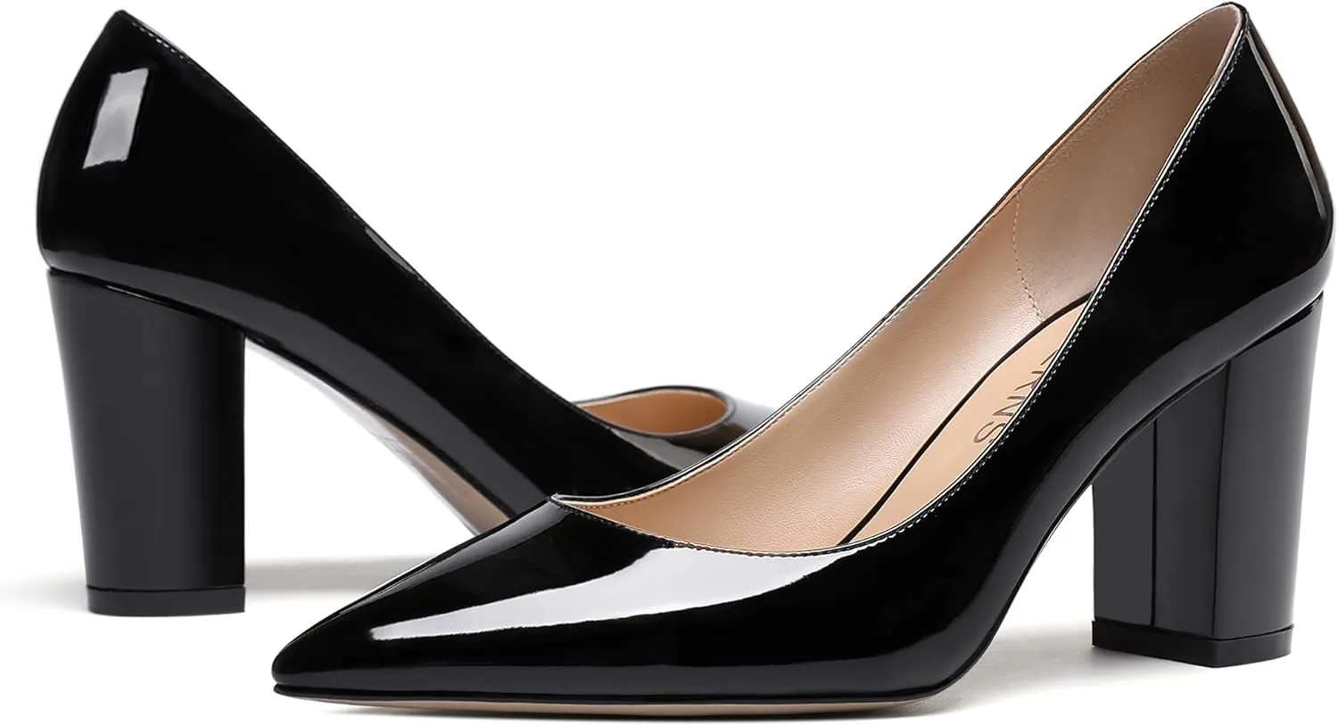 WAYDERNS Women's Solid Slip On Pointed Toe Patent Block High Heel Pumps Shoes 3.5 Inch