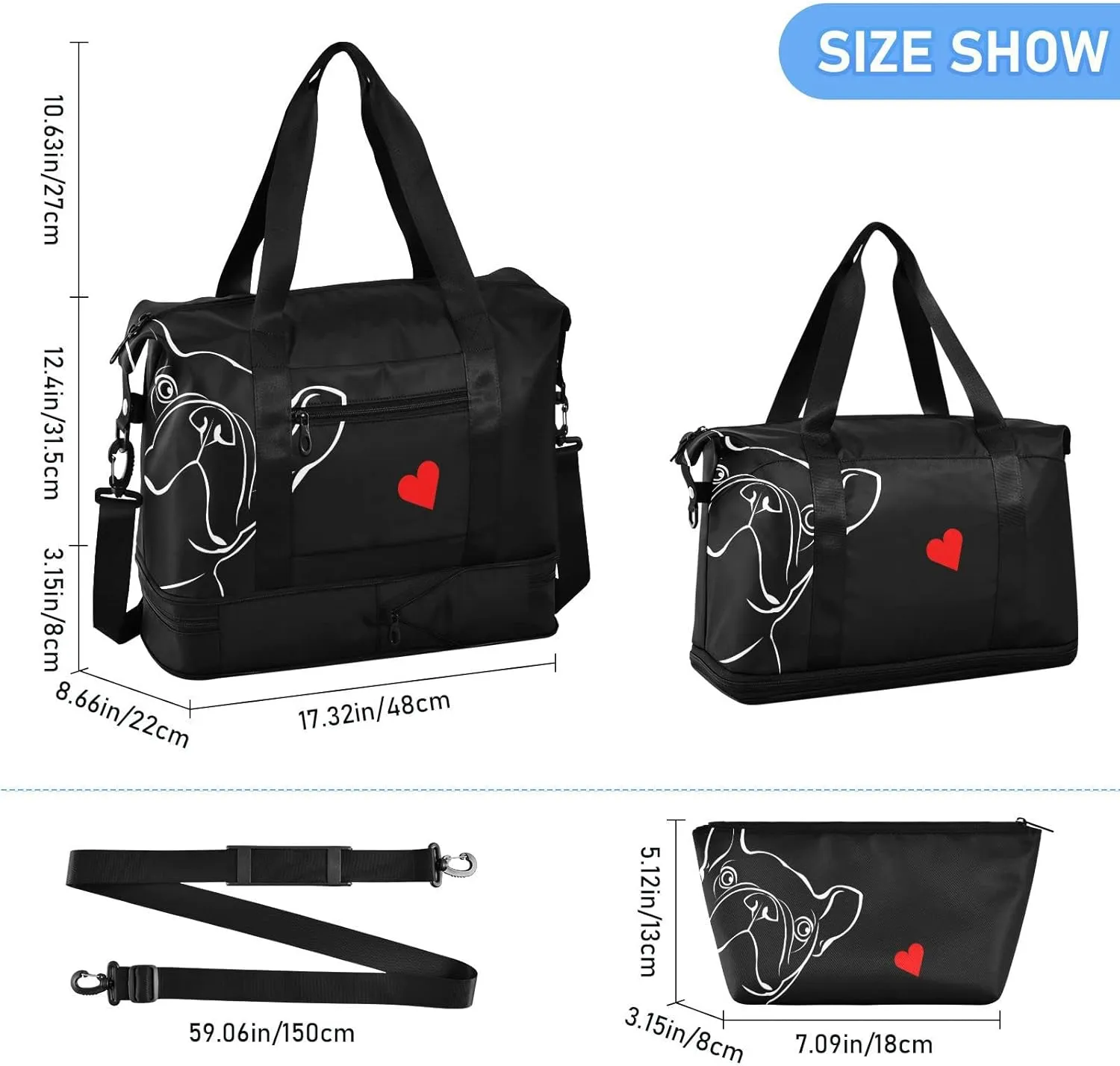 Weekender for Women, French Bulldog Black Gym Sports Duffle Travel Tote With Toiletry Bag, Shoes Compartment, Dry/Wet Separation Swim Bag