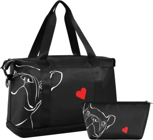 Weekender for Women, French Bulldog Black Gym Sports Duffle Travel Tote With Toiletry Bag, Shoes Compartment, Dry/Wet Separation Swim Bag
