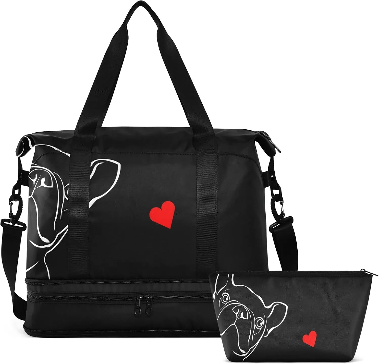 Weekender for Women, French Bulldog Black Gym Sports Duffle Travel Tote With Toiletry Bag, Shoes Compartment, Dry/Wet Separation Swim Bag
