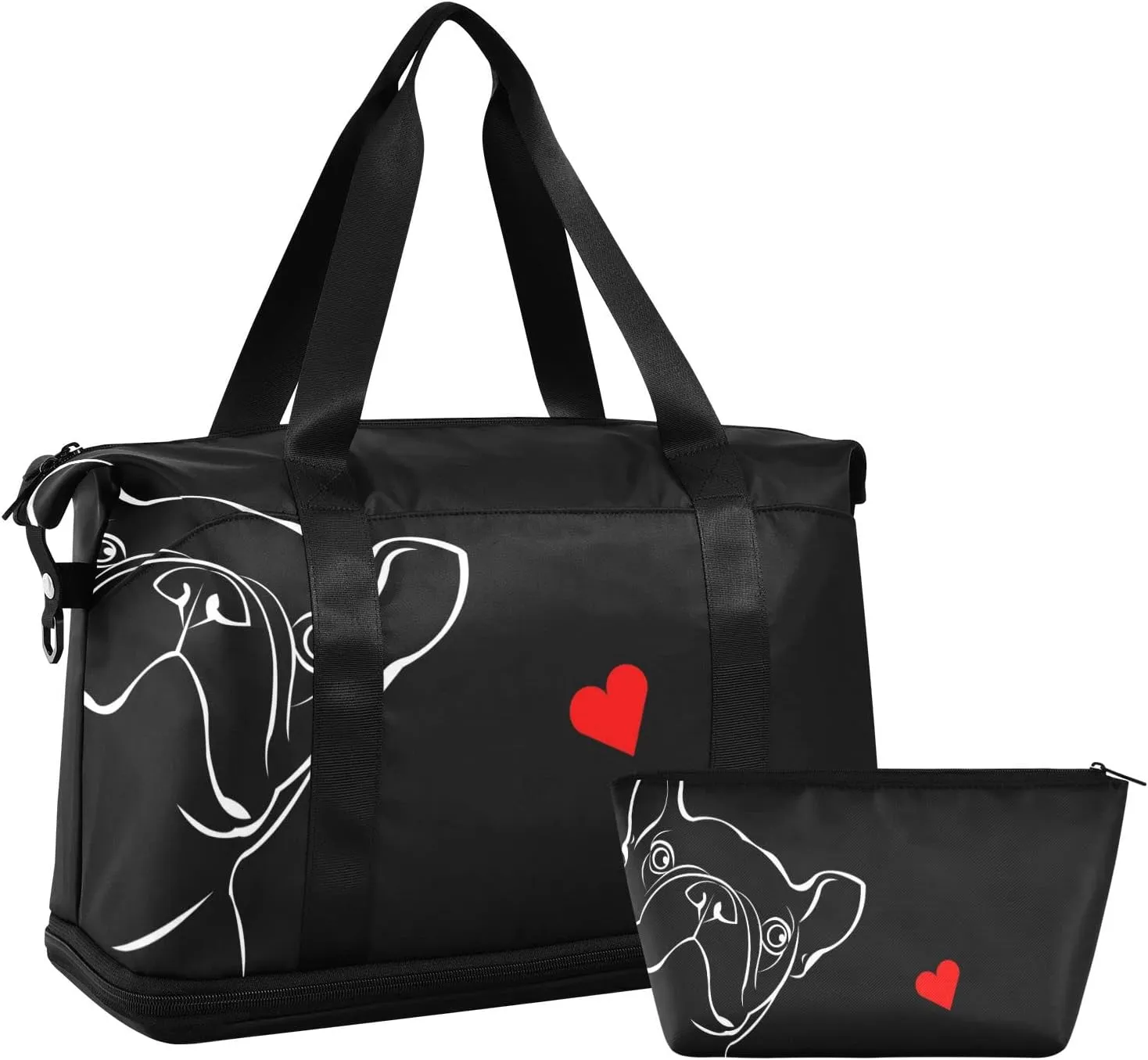 Weekender for Women, French Bulldog Black Gym Sports Duffle Travel Tote With Toiletry Bag, Shoes Compartment, Dry/Wet Separation Swim Bag
