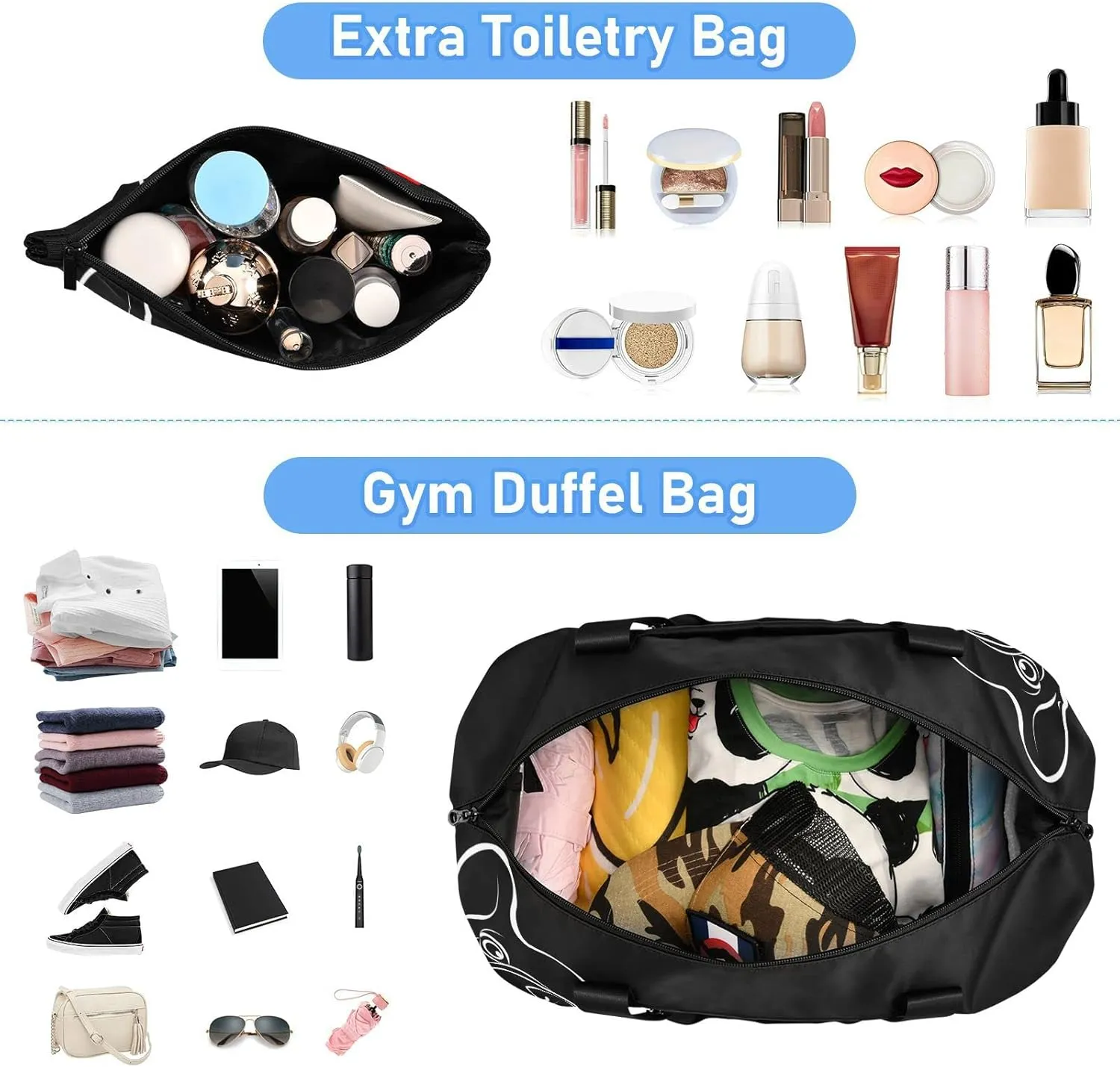 Weekender for Women, French Bulldog Black Gym Sports Duffle Travel Tote With Toiletry Bag, Shoes Compartment, Dry/Wet Separation Swim Bag