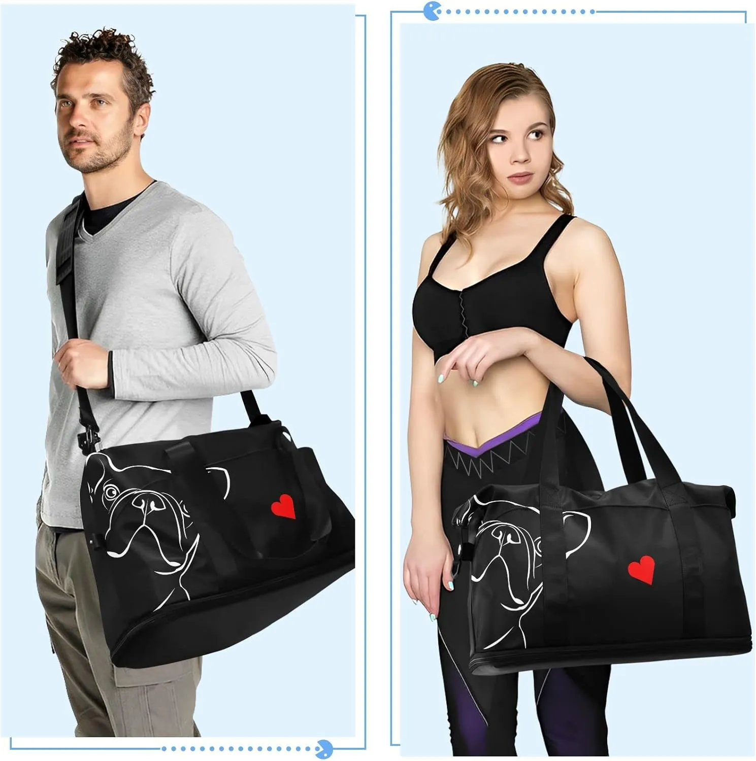 Weekender for Women, French Bulldog Black Gym Sports Duffle Travel Tote With Toiletry Bag, Shoes Compartment, Dry/Wet Separation Swim Bag